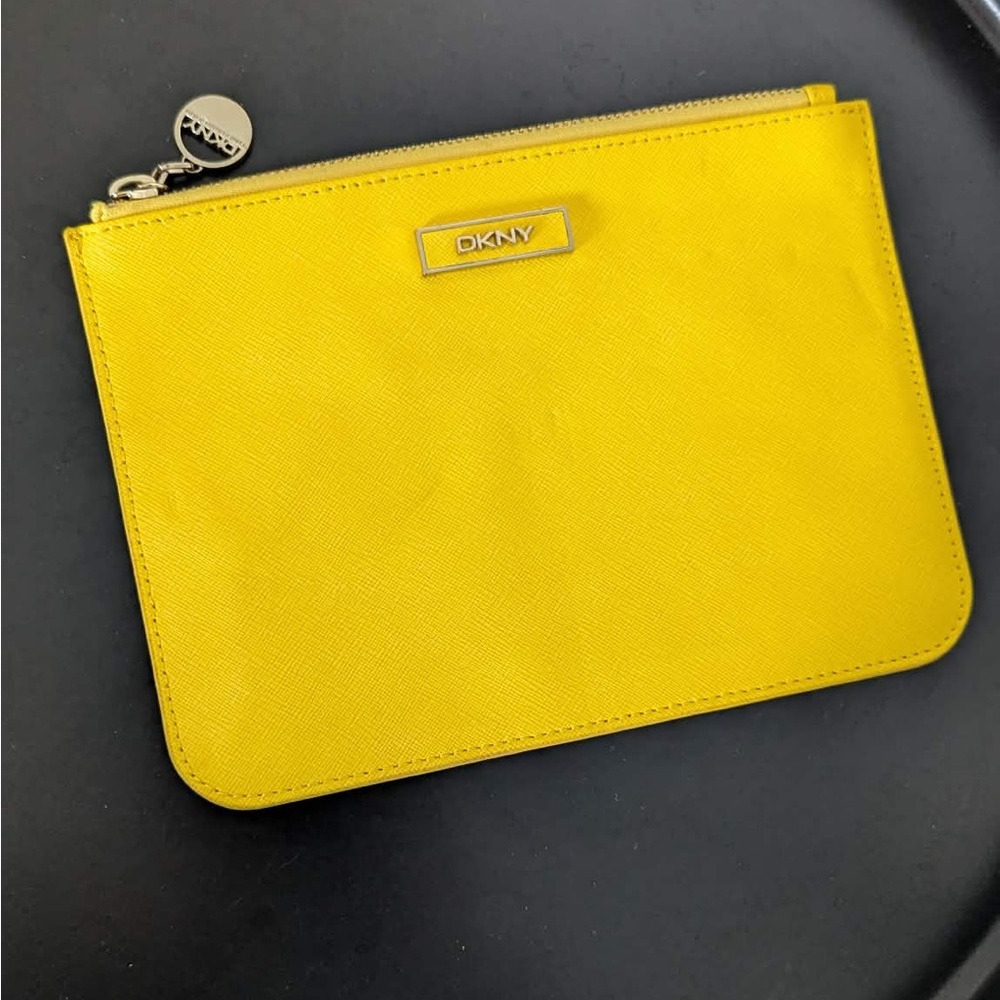DKNY Yellow‎ Leather Checkbook Wallet Clutch Zip Saffiano Envelope
